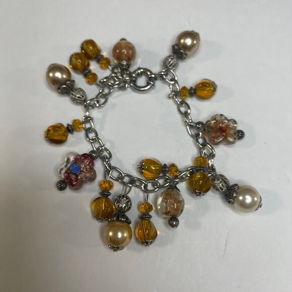 bracelet signed costume jewelry charm style faux pearl silver amber color beads - Picture 7 of 9